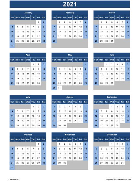Excel Center Calendar 2021